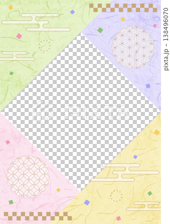 和風のデザインフレーム、和紙、紙吹雪、和柄のデコレーション、背景、縦向き 138496070