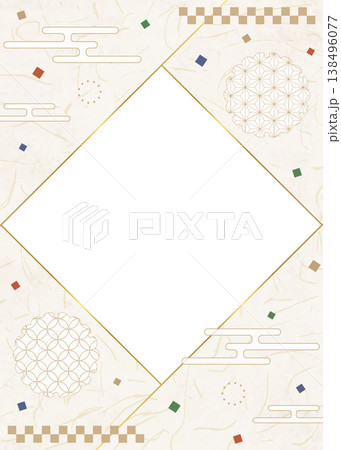 和風のデザインフレーム、和紙、紙吹雪、和柄のデコレーション、背景、縦向き 138496077