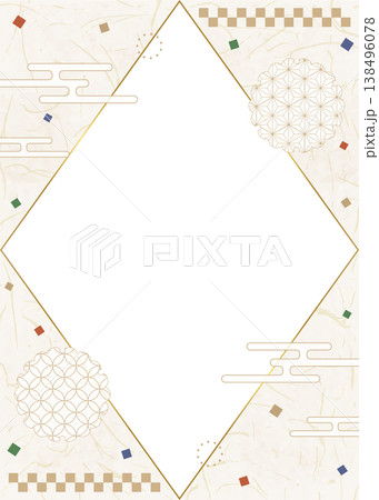 和風のデザインフレーム、和紙、紙吹雪、和柄のデコレーション、背景、縦向き 138496078