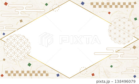 和風のデザインフレーム、和紙、紙吹雪、和柄のデコレーション、背景、16:9サイズ 138496079