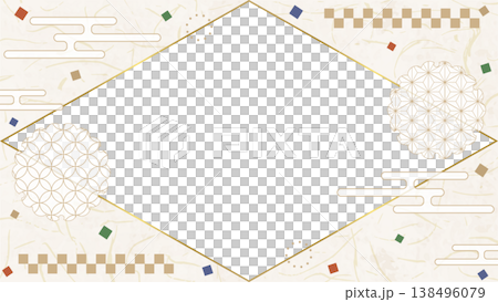 和風のデザインフレーム、和紙、紙吹雪、和柄のデコレーション、背景、16:9サイズ 138496079