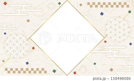 和風のデザインフレーム、和紙、紙吹雪、和柄のデコレーション、背景、16:9サイズ 138496080