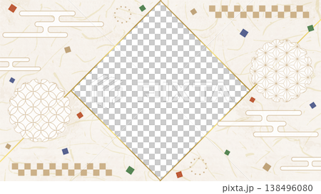 和風のデザインフレーム、和紙、紙吹雪、和柄のデコレーション、背景、16:9サイズ 138496080