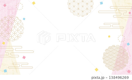 和風のデザインフレーム、和紙、紙吹雪、和柄のデコレーション、背景、16:9サイズ 138496269