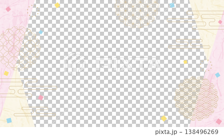 和風のデザインフレーム、和紙、紙吹雪、和柄のデコレーション、背景、16:9サイズ 138496269