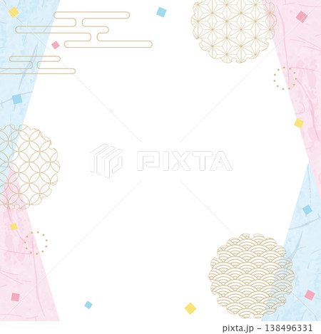 和風のデザインフレーム、和紙、紙吹雪、和柄のデコレーション、背景、正方形サイズ 138496331
