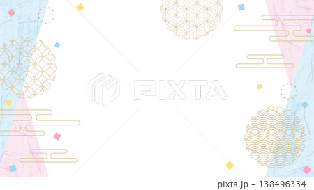 和風のデザインフレーム、和紙、紙吹雪、和柄のデコレーション、背景、16:9サイズ 138496334