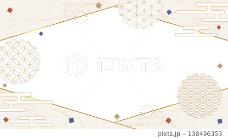 和風のデザインフレーム、和紙、紙吹雪、和柄のデコレーション、背景、16:9サイズ 138496353