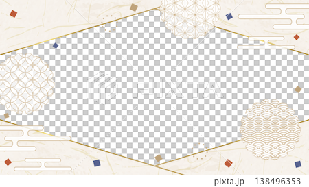 和風のデザインフレーム、和紙、紙吹雪、和柄のデコレーション、背景、16:9サイズ 138496353