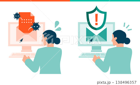 サイバーセキュリティ 不審なメールを開封せず管理者に報告し標的型攻撃を防ぐ女性 サイバーセキュリティ 不審なメールを開封せず管理者に報告し標的型攻撃を防ぐ女性 138496357