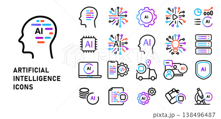 Artificial Intelligence icon set for machine learning and digital technology featuring neural networks and brain symbols with robotic automation vector line art icons future tech Artificial Intelligence icon set for machine learning and digital technology featuring neural networks and brain symbols with robotic automation vector line art icons future tech 138496487