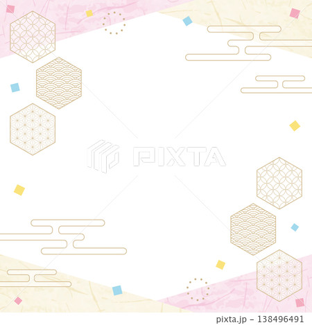 和風のデザインフレーム、和紙、紙吹雪、和柄のデコレーション、背景、正方形サイズ 138496491