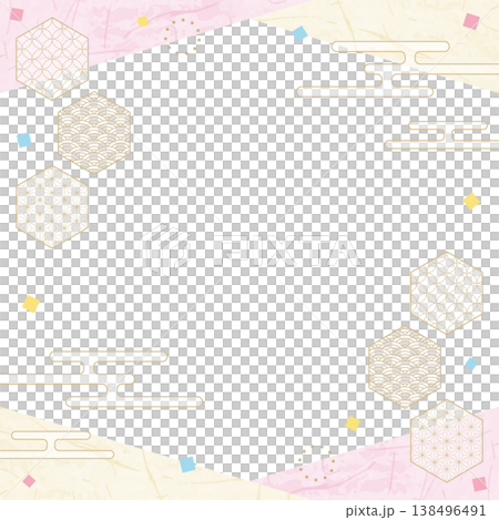 和風のデザインフレーム、和紙、紙吹雪、和柄のデコレーション、背景、正方形サイズ 138496491