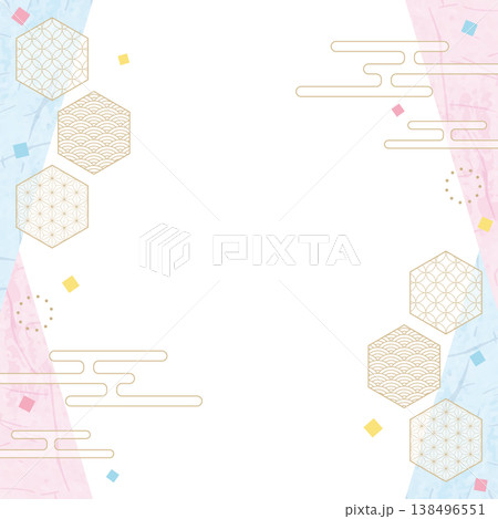 和風のデザインフレーム、和紙、紙吹雪、和柄のデコレーション、背景、正方形サイズ 138496551