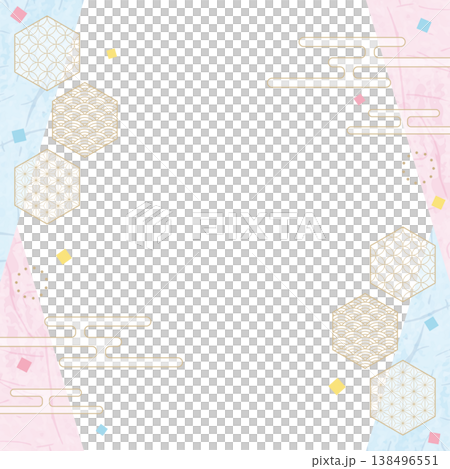 和風のデザインフレーム、和紙、紙吹雪、和柄のデコレーション、背景、正方形サイズ 138496551
