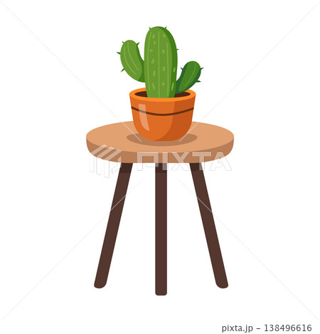Potted cactus plant on a small wooden tripod stool vector illustration 138496616