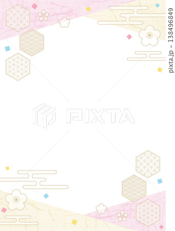 和風のデザインフレーム、和紙、紙吹雪、和柄のデコレーション、背景、縦向き 138496849