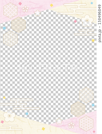 和風のデザインフレーム、和紙、紙吹雪、和柄のデコレーション、背景、縦向き 138496849