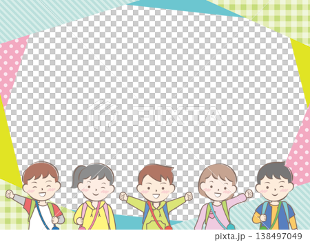 一幅畫面展現了孩子們背著書包參加學校旅行的場景。 138497049