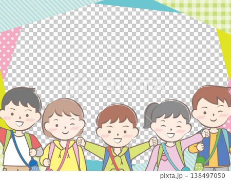 A frame featuring children with backpacks on their backs on a school trip. A frame featuring children with backpacks on their backs on a school trip. 138497050