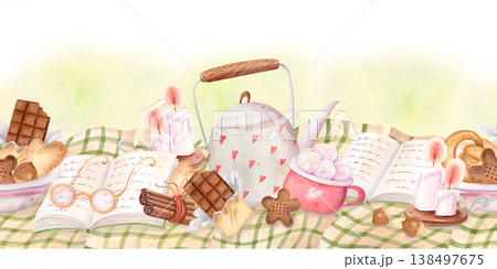 Watercolor seamless cozy tea table border with books, teapot and desserts. Hand drawn autumn hygge kitchen panoramic illustration 138497675