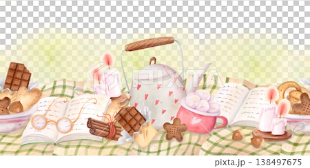 Watercolor seamless cozy tea table border with books, teapot and desserts. Hand drawn autumn hygge kitchen panoramic illustration 138497675