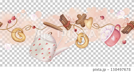 Watercolor seamless tea time border with teapot, cookies and cinnamon garland. Hand drawn cozy autumn kitchen decorative ribbon Watercolor seamless tea time border with teapot, cookies and cinnamon garland. Hand drawn cozy autumn kitchen decorative ribbon 138497678