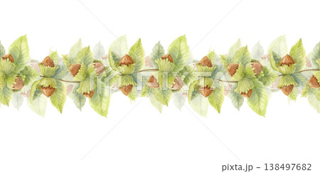 Watercolor seamless hazelnut border with green leaves. Autumn botanical garland. Natural forest decorative ornament illustration 138497682