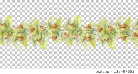 Watercolor seamless hazelnut border with green leaves. Autumn botanical garland. Natural forest decorative ornament illustration Watercolor seamless hazelnut border with green leaves. Autumn botanical garland. Natural forest decorative ornament illustration 138497682