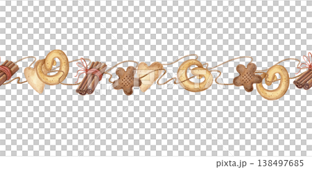 Watercolor seamless border with cookies and cinnamon garland isolated on white. Cozy bakery decorative ornament illustration. Watercolor seamless border with cookies and cinnamon garland isolated on white. Cozy bakery decorative ornament illustration. 138497685