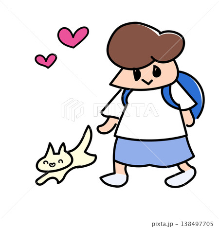 リュックでのんびり登校するおっとり小学生とねこ リュックでのんびり登校するおっとり小学生とねこ 138497705