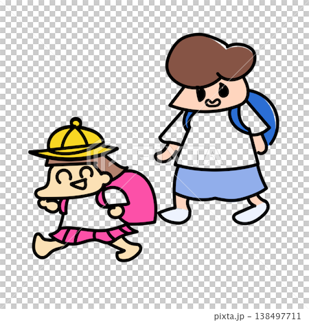 リュックでのんびり登校するおっとり小学生と妹 138497711