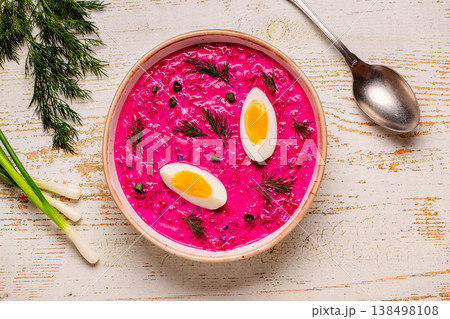Cold summer soup of beets, yogurt, cucumbers, eggs and dill. Cold summer soup of beets, yogurt, cucumbers, eggs and dill. 138498108