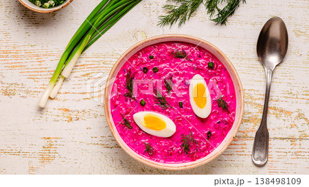 Cold summer soup of beets, yogurt, cucumbers, eggs and dill. Cold summer soup of beets, yogurt, cucumbers, eggs and dill. 138498109