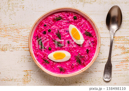 Cold summer soup of beets, yogurt, cucumbers, eggs and dill. 138498110