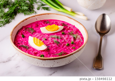 Cold summer soup of beets, yogurt, cucumbers, eggs and dill. Cold summer soup of beets, yogurt, cucumbers, eggs and dill. 138498112