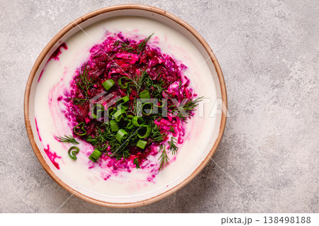 Cold summer soup of beets, kefir, cucumbers, eggs and dill. 138498188
