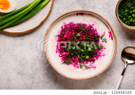 Cold summer soup of beets, kefir, cucumbers, eggs and dill. 138498189