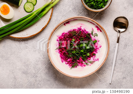 Cold summer soup of beets, kefir, cucumbers, eggs and dill. Cold summer soup of beets, kefir, cucumbers, eggs and dill. 138498190