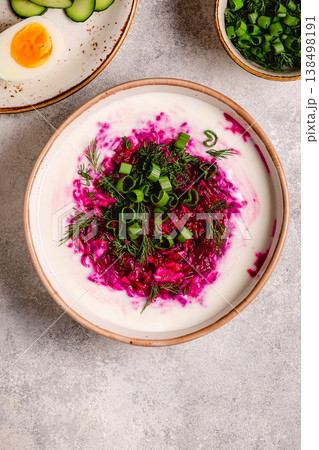 Cold summer soup of beets, kefir, cucumbers, eggs and dill. 138498191