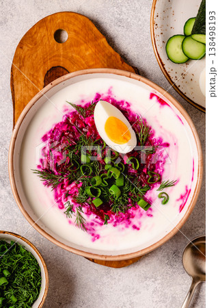 Cold summer soup of beets, kefir, cucumbers, eggs and dill. Cold summer soup of beets, kefir, cucumbers, eggs and dill. 138498193