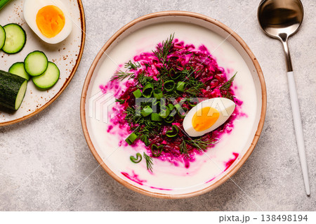 Cold summer soup of beets, kefir, cucumbers, eggs and dill. 138498194