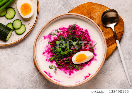 Cold summer soup of beets, kefir, cucumbers, eggs and dill. Cold summer soup of beets, kefir, cucumbers, eggs and dill. 138498196