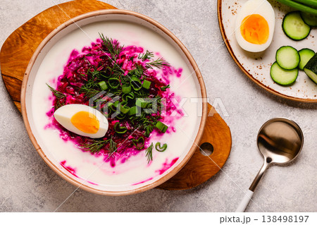 Cold summer soup of beets, kefir, cucumbers, eggs and dill. 138498197