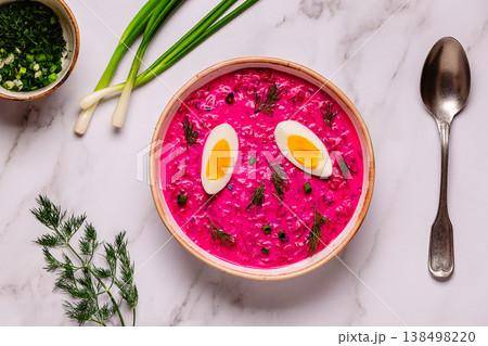 Cold summer soup of beets, yogurt, cucumbers, eggs and dill. Cold summer soup of beets, yogurt, cucumbers, eggs and dill. 138498220