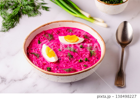 Cold summer soup of beets, yogurt, cucumbers, eggs and dill. Cold summer soup of beets, yogurt, cucumbers, eggs and dill. 138498227