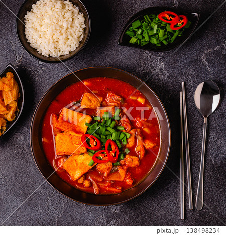 Korean traditional food, spicy kimchi soup (kimchi tige) with pork and tofu cheese. 138498234