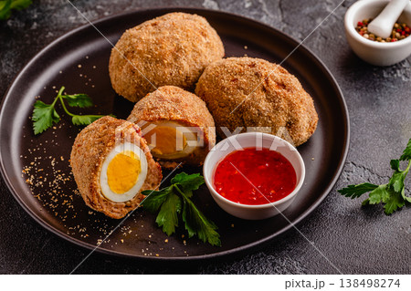 Traditional Scotch Eggs on a black plate. 138498274