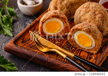 Traditional Scotch Eggs on a wooden board. Traditional Scotch Eggs on a wooden board. 138498281