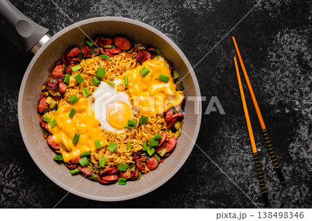 Korean style instant noodle, Shin Ramyeon with sausages 138498346